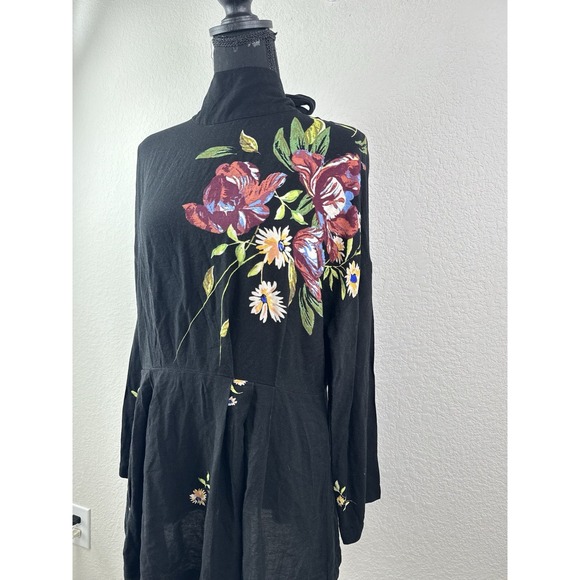 Free People Gemma Black Embroidered Floral Tie Open Back Tunic Mini Dress Sz M - Picture 5 of 8